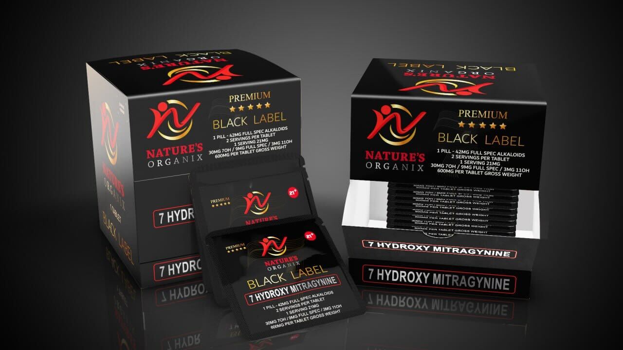 Packaging for Nature's Organix Black Label Premium 7 Hydroxy Tablet, showing boxes and individual tablets with branding and dosage information.