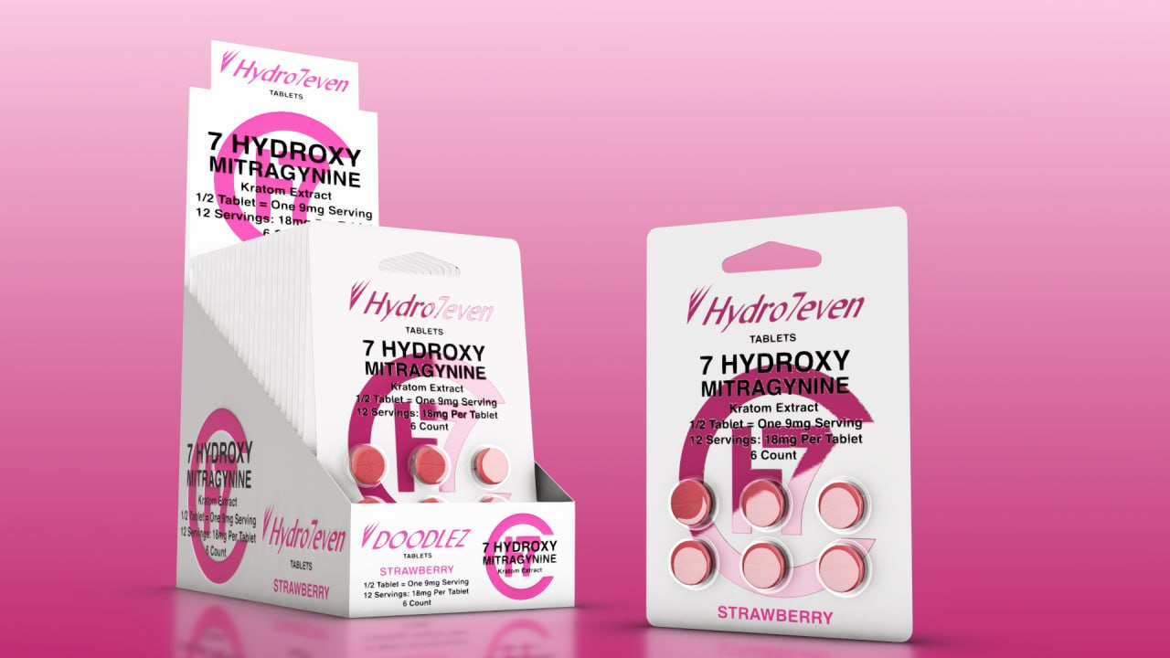 Doodlez 7-Hydroxy Kratom Tablets Display Box with 20 blister packs of 6 Strawberry Chewable tablets each – 18mg 7-OH per tablet
