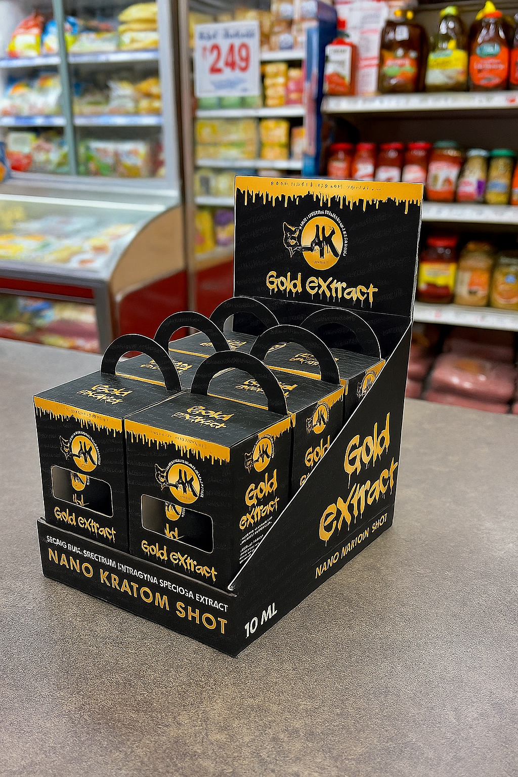 Display of Gold Extract Nano Kratom Shot boxes in a store setting