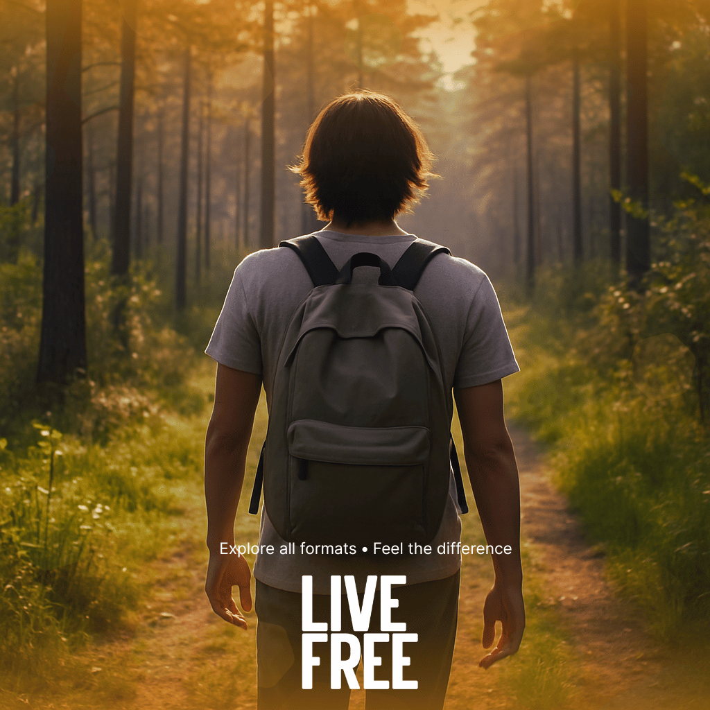 Person with a backpack walking away on a forest path with 'Live Free' text overlay.