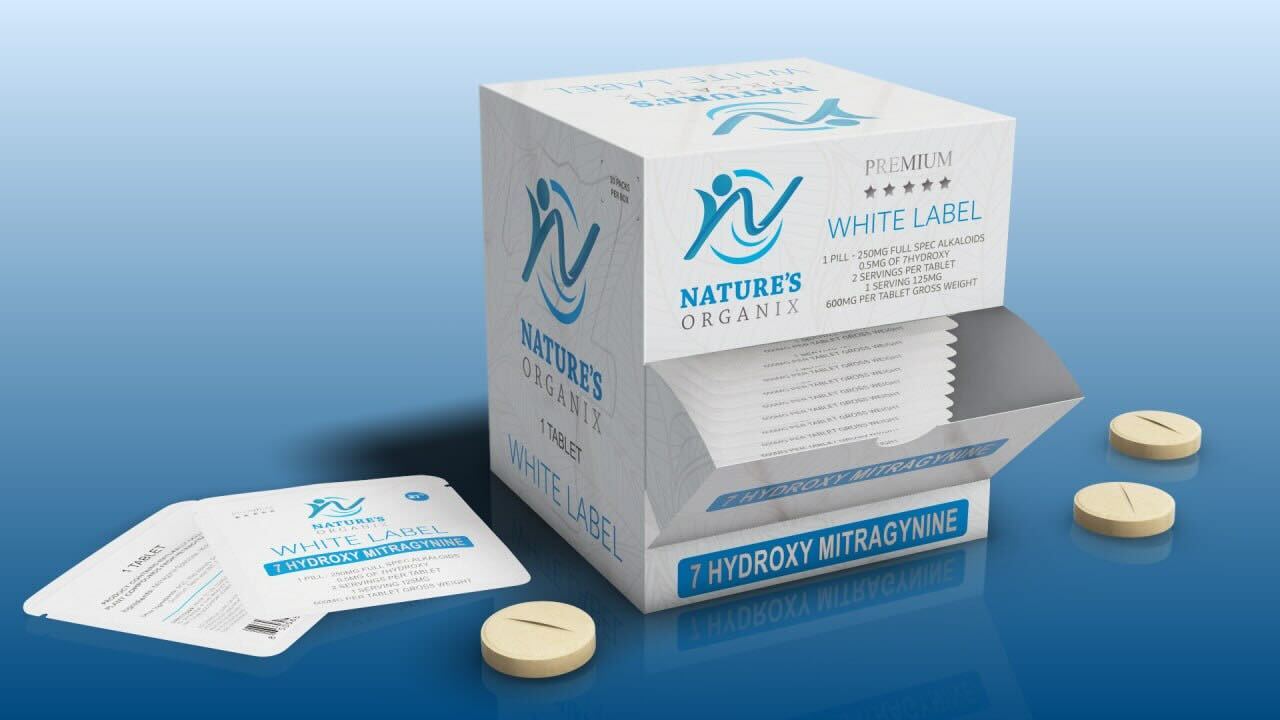 Nature's Organix white label product packaging with tablets on a blue background