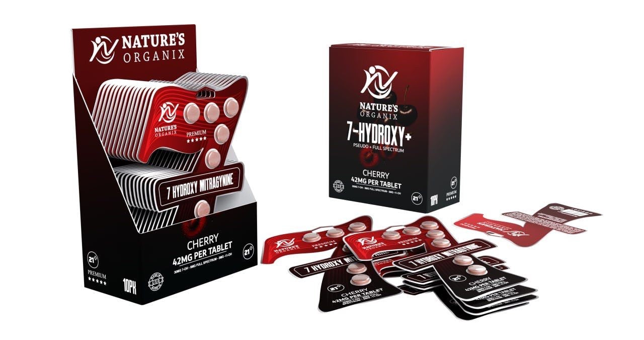 Nature’s Organix Black Label Cherry Kratom Tablets. 26mg 7-Hydroxy Mitragynine each, in a retail-ready display box. Pure, strong, lab-tested.