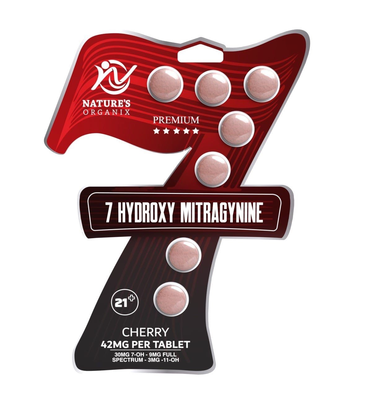 Nature’s Organix Black Label Cherry Kratom Tablets. 26mg 7-Hydroxy Mitragynine each, 7 count in a Blister Pack