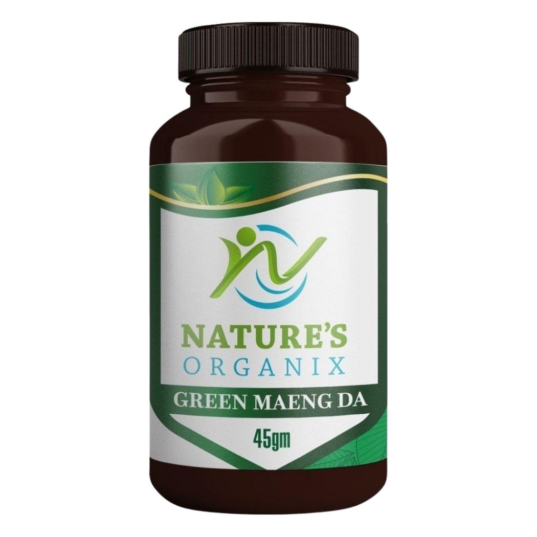 Bottle of Nature's Organix Green Maeng Da supplement with a green label.