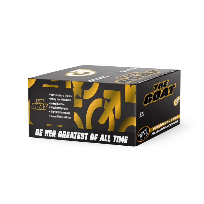 The GOAT Male Enhancement Sublingual Strips Box – 25 packs with 2 strips each, sleek packaging for discreet, on-the-go male performance.
