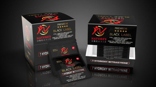 Packaging for Nature's Organix Black Label Premium 7 Hydroxy Tablet, showing boxes and individual tablets with branding and dosage information.