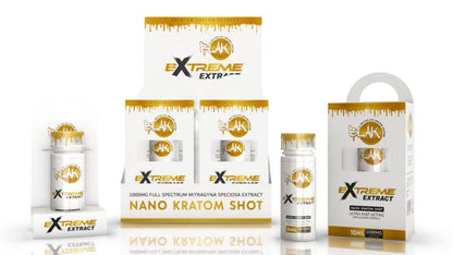 Display box of Blak Extreme Nano Kratom Shots — 6 compact 10ml bottles with 1000mg nano kratom extract, designed for rapid absorption.