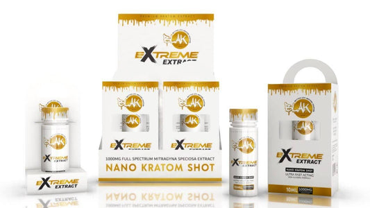 Display box of Blak Extreme Nano Kratom Shots — 6 compact 10ml bottles with 1000mg nano kratom extract, designed for rapid absorption.