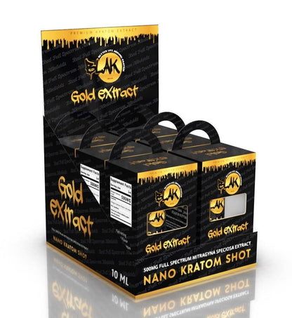 Display box of Blak Gold Nano Kratom Shots – 6 small 10ml bottles with 150mg full-spectrum kratom, sleek packaging, nano-enhanced formula.