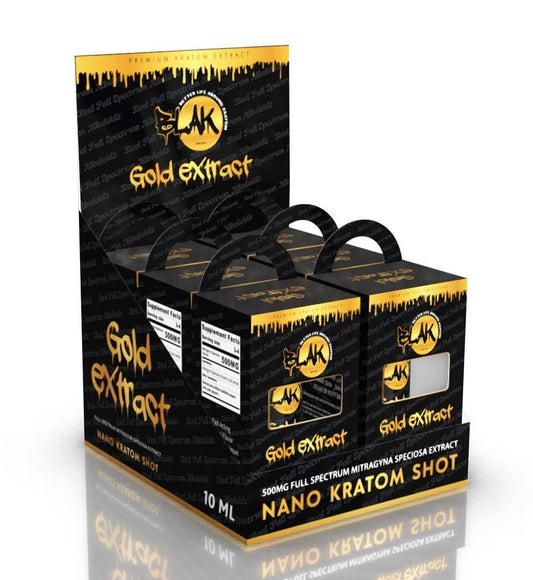 Display box of Blak Gold Nano Kratom Shots – 6 small 10ml bottles with 150mg full-spectrum kratom, sleek packaging, nano-enhanced formula.