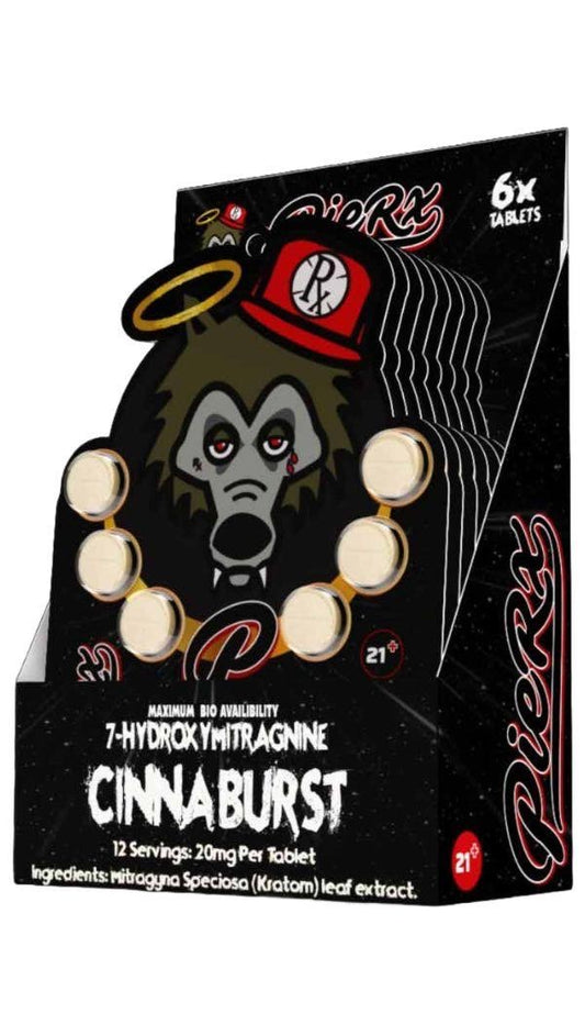 Pie RX Cinnaburst Kratom Tablets – Display box with 10 blister packs (6ct each). High-potency 7-Hydroxy, bold cinnamon flavor, lab-tested purity.