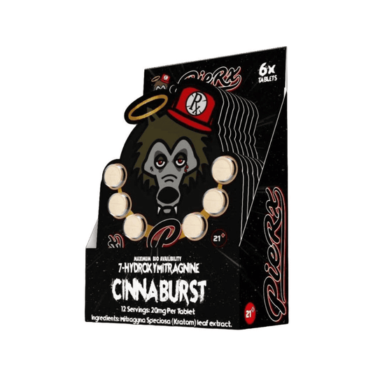 Pie RX Cinnaburst Kratom Tablets – Display box with 10 blister packs (6ct each). High-potency 7-Hydroxy, bold cinnamon flavor, lab-tested purity.