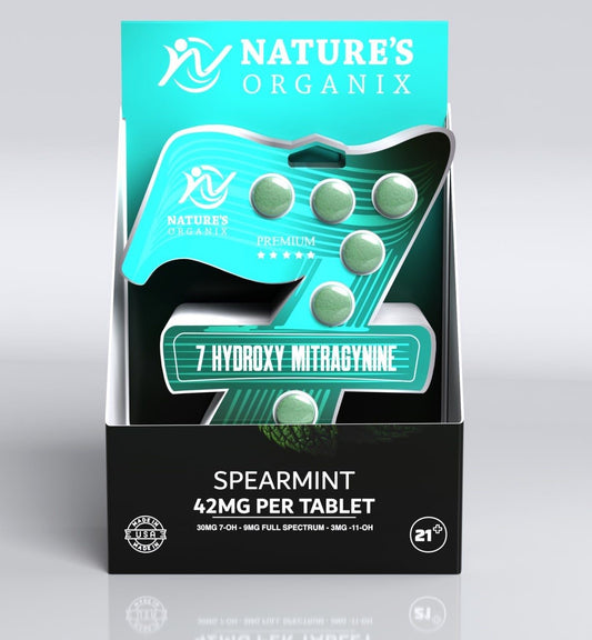 Nature's Organix 7 Hydroxy Mitragynine packaging with spearmint flavor on a gray background