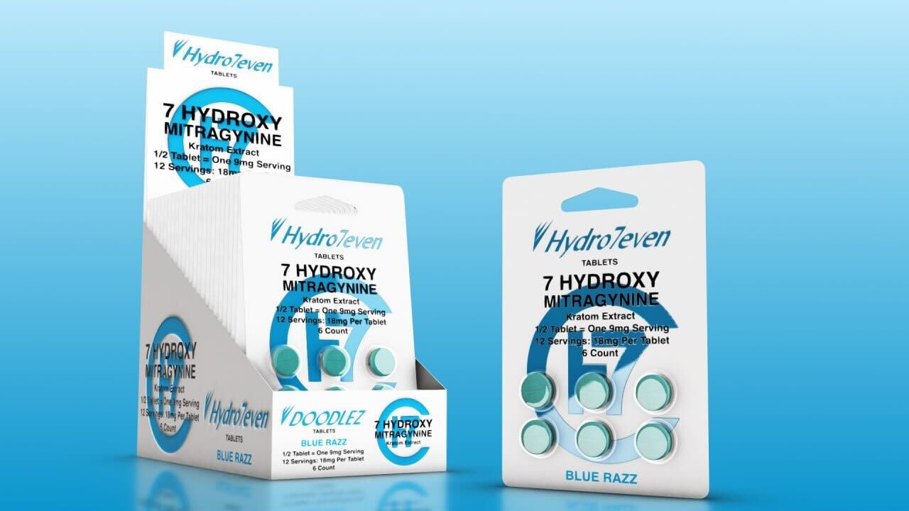 Doodlez 7-Hydroxy Kratom Tablets Display Box with 20 blister packs of 6 Blue Razz Chewable tablets each – 18mg 7-OH per tablet