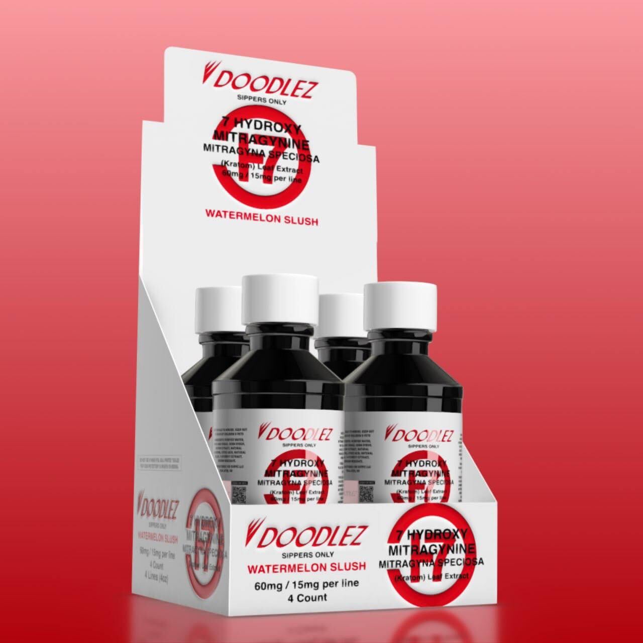 Bottles of Doodlez 7 Hydroxy Syrup in a display box with 'Watermelon Slush' labeled on the packaging. The box is placed against a red background.