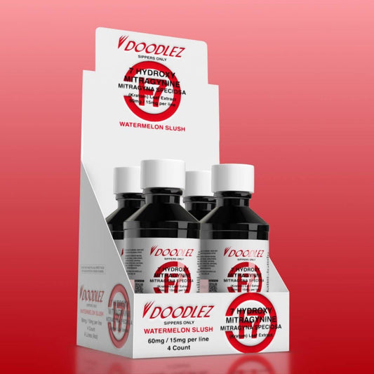 Bottles of Doodlez 7 Hydroxy Syrup in a display box with 'Watermelon Slush' labeled on the packaging. The box is placed against a red background.