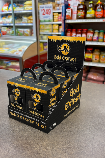 Display of Gold Extract Nano Kratom Shot boxes in a store setting