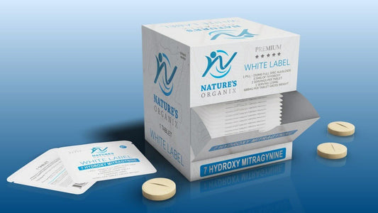 Nature's Organix white label product packaging with tablets on a blue background