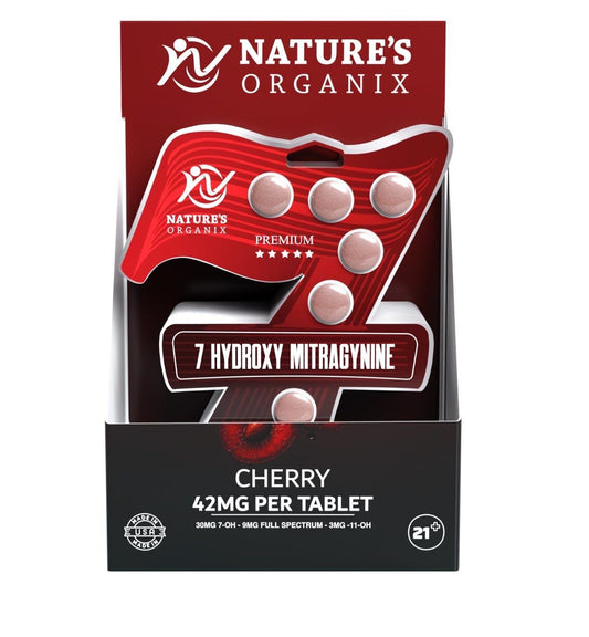 Nature’s Organix Black Label Cherry Kratom Tablets. 26mg 7-Hydroxy Mitragynine each, in a retail-ready display box. Pure, strong, lab-tested