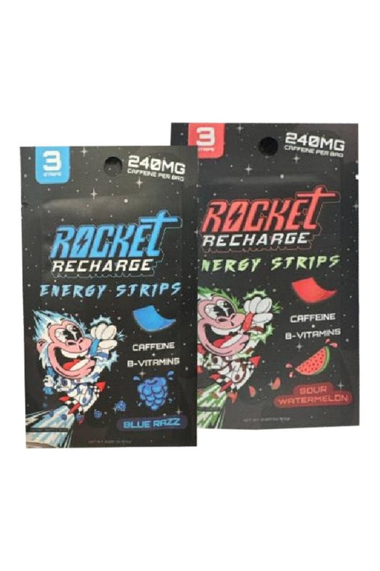 Rocket Recharge Energy Strips display box with 25 units, each containing 3 dissolving strips for rapid caffeine and B vitamin energy.