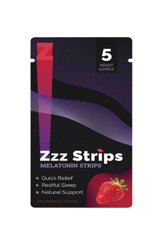 Zzz Strips melatonin strips packaging with strawberry flavor on a white background