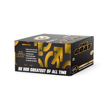 The GOAT Male Enhancement Sublingual Strips Box – 25 packs with 2 strips each, sleek packaging for discreet, on-the-go male performance.