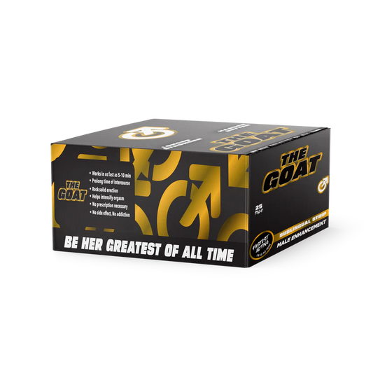 The GOAT Male Enhancement Sublingual Strips Box – 25 packs with 2 strips each, sleek packaging for discreet, on-the-go male performance.