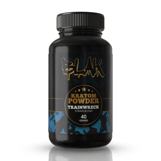 Blak Trainwreck Kratom Powder pouch – full-spectrum red, green, and white vein blend for energy, focus, and relief